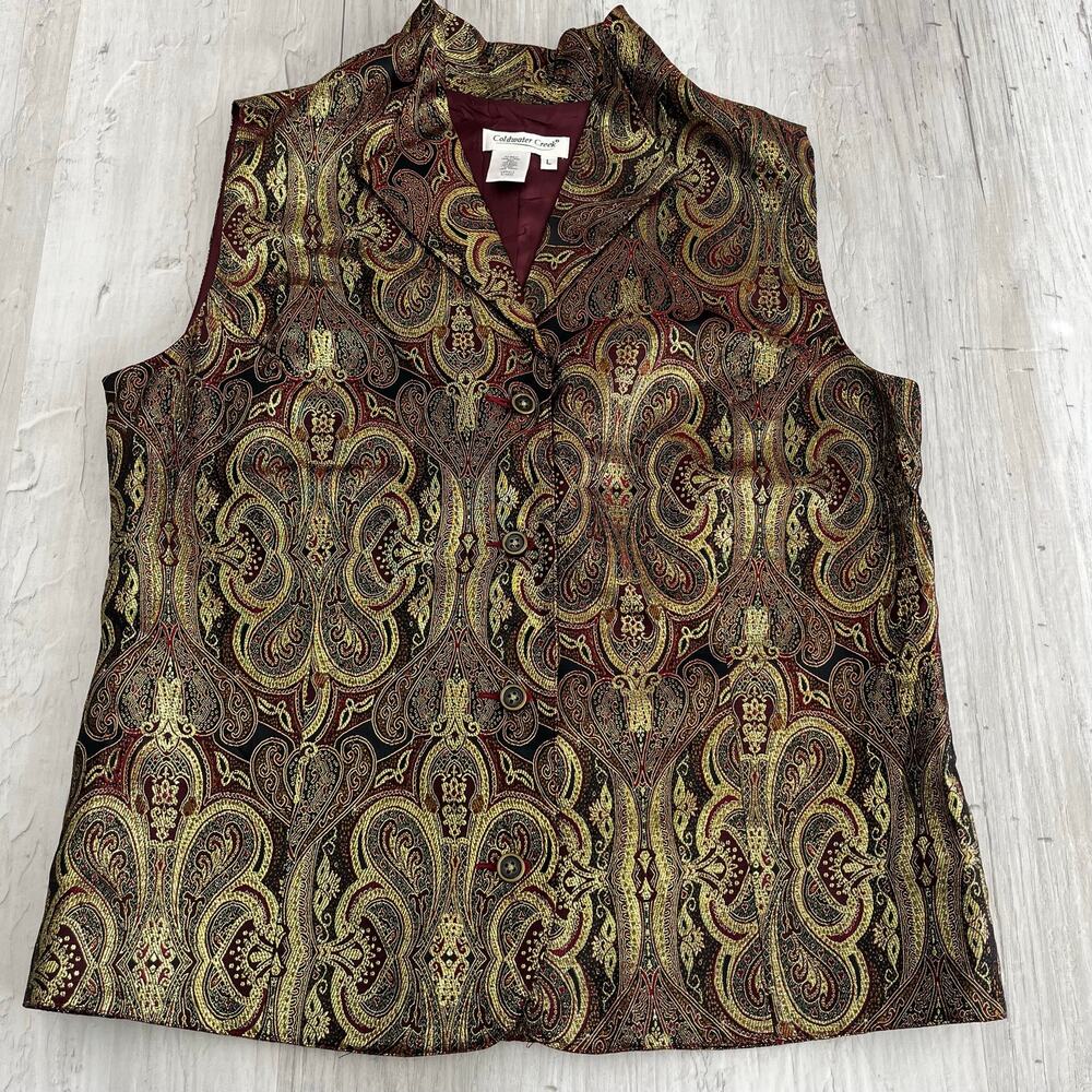 Coldwater Creek Metallic Gold Brown Vest Large Boho Art to Wear Gilet Textured